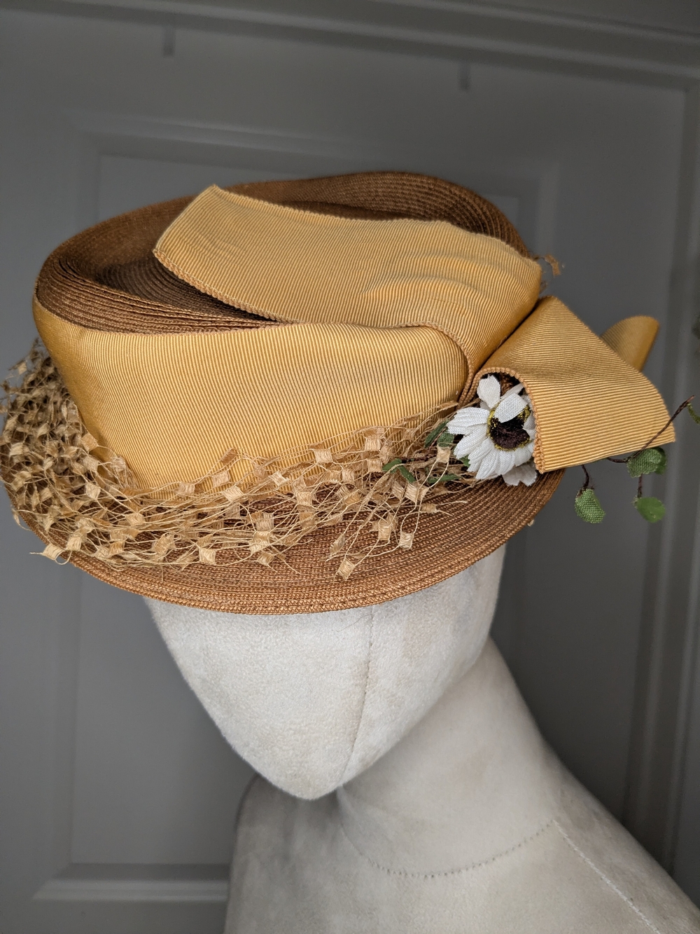 Vintage 40s New York Creation Hat Women's Straw Boater Flower Hatband MCM